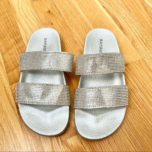 SILVER SHIMMERY STUDDED TWO STRAP SLIDES SANDALS